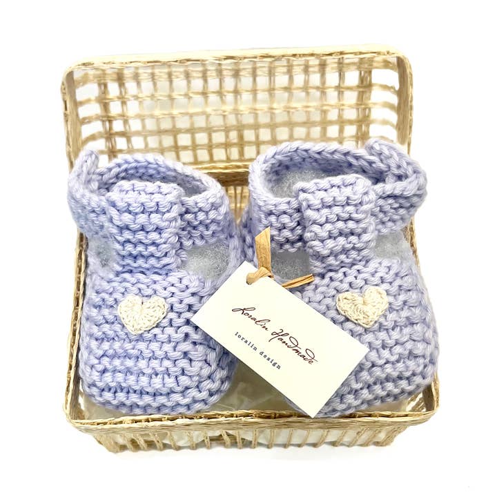 Cream Heart Booties in Basket for wholesale by Loralin Design