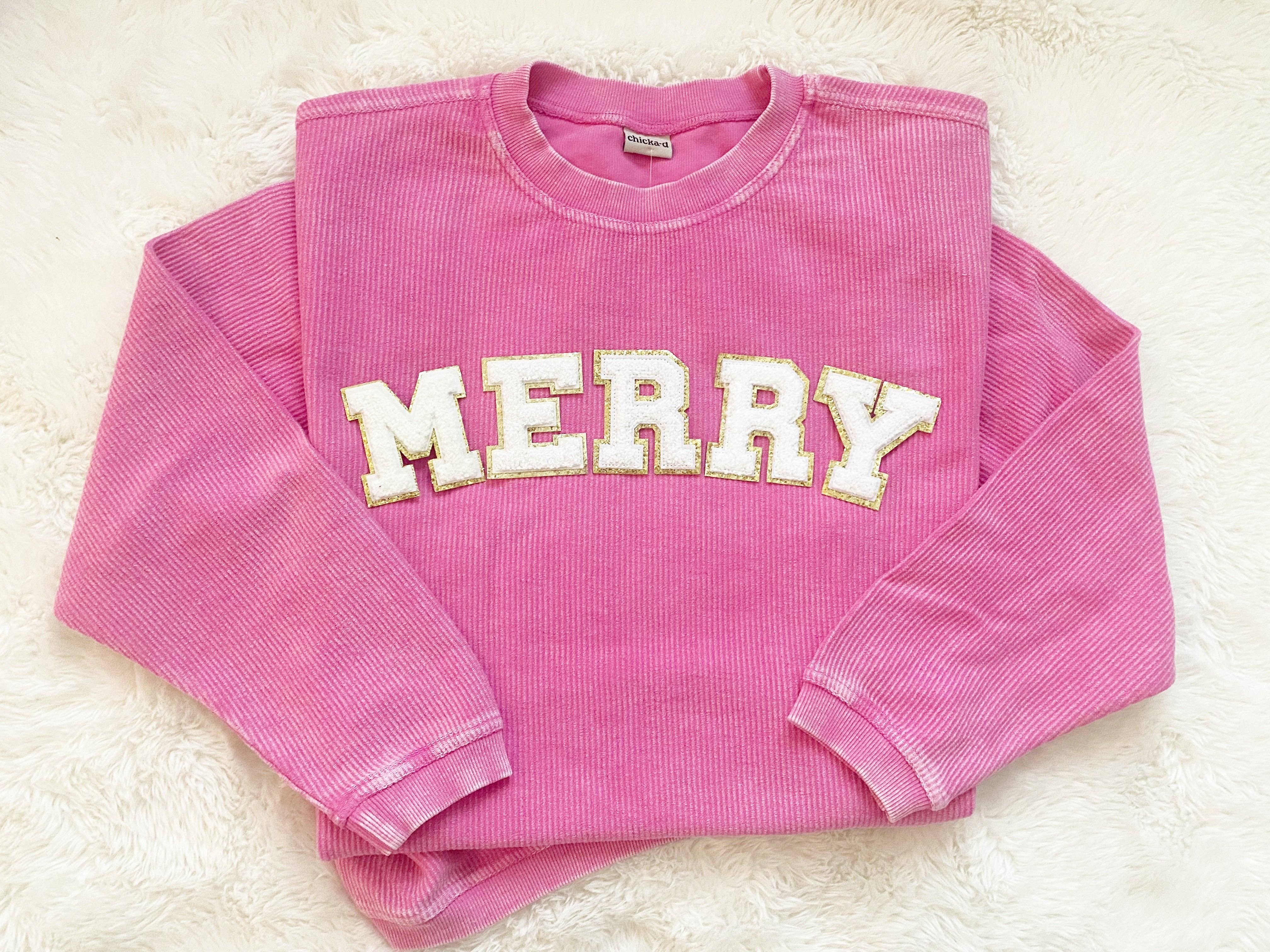Simply Blush Wholesale - Wholesale Sweatshirt - Women's - Chicka-d Bubblegum Merry Chenille Letter Glitter Patch Tee/Sweatshirt
