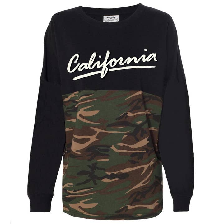 California Swoosh Camo varsity Sweater for wholesale by State Bliss