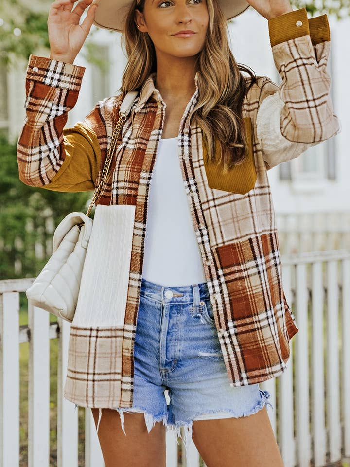 Plaid Color Block Patchwork Shirt Jacket with Pocket for wholesale by LiveFashionWay