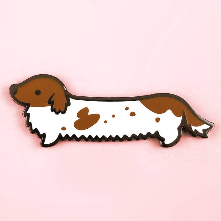 Weenie Dog Pin - Long Coat Piebald Chocolate for wholesale by Flea Circus