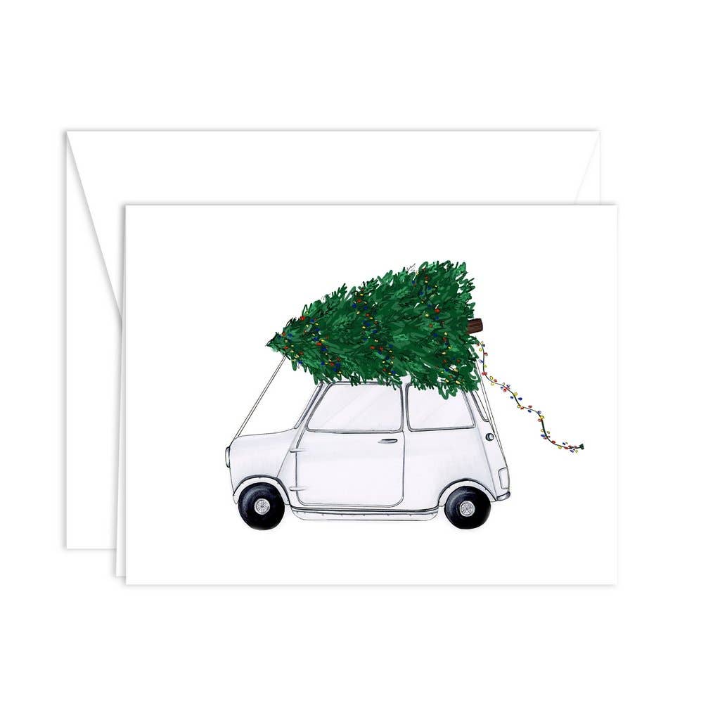 Almeida Illustrations - Vente Cartes de Noël - Mini Cooper + Tree - Carte de vœux pour les fêtes de Noël3