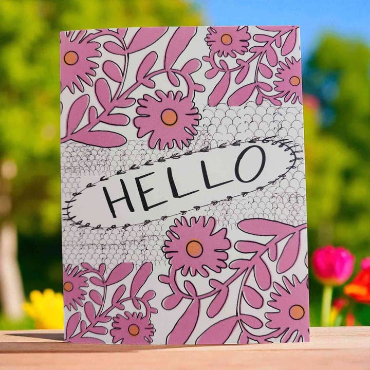 Greeting Card - Hello Pink Floral Mixed Media Style for wholesale by Grace Mercantile