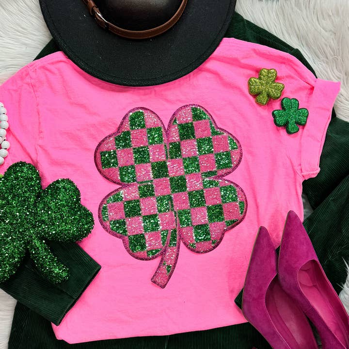 Trendy Tee Co. - Wholesale T-shirt (graphic) – women's - Checkered Shamrock Sequin Patch Neon Pink Tee0
