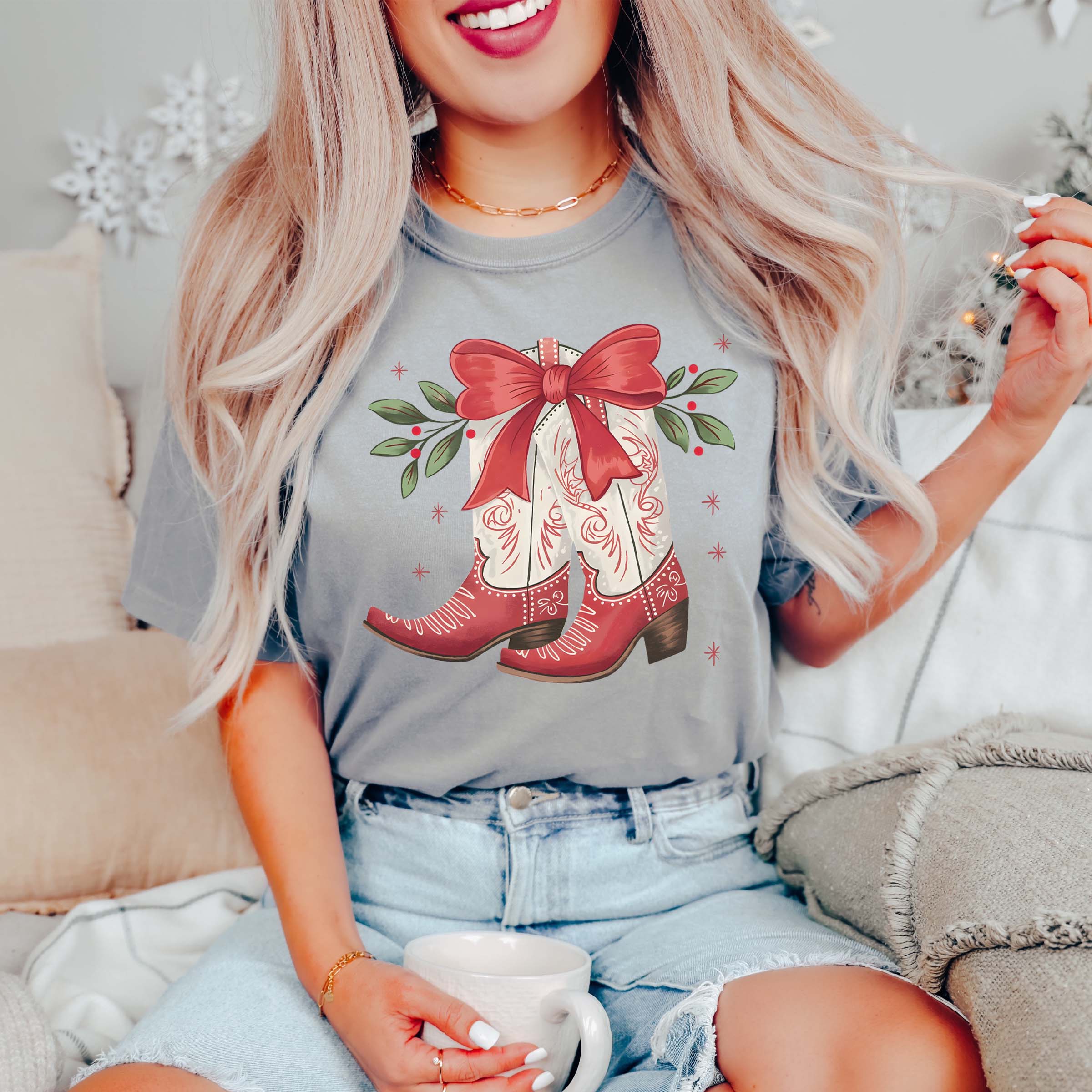 Limeberry Designs - Wholesale Screen Printed T-Shirt - Women's - Christmas Boots With Bow Wholesale Comfort Color Graphic Tee - Fast Shipping0