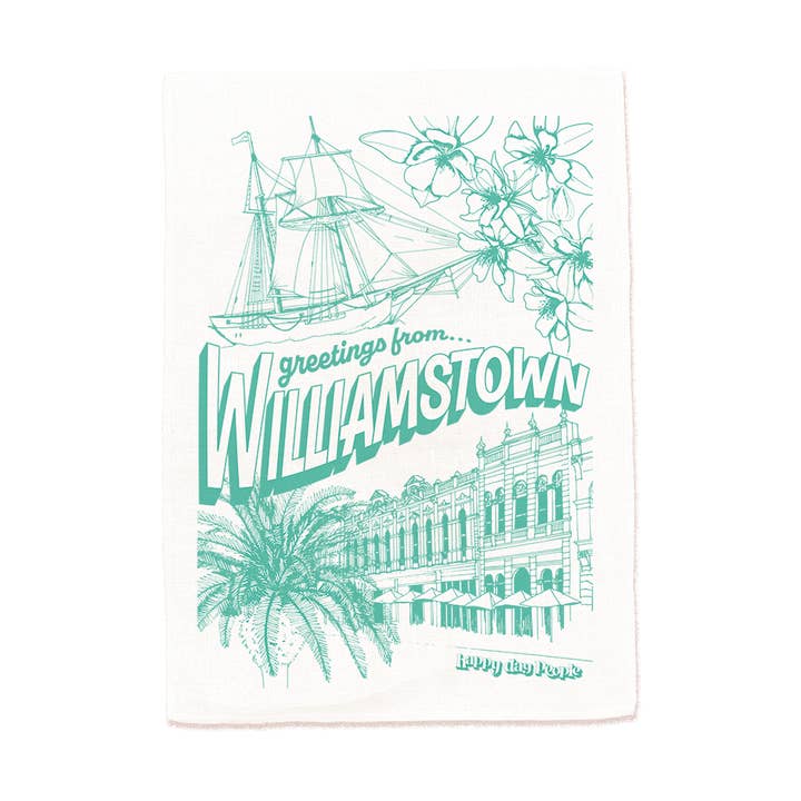 Torchon en coton imprimé Greetings from Williamstown pour la vente par Happy Day People