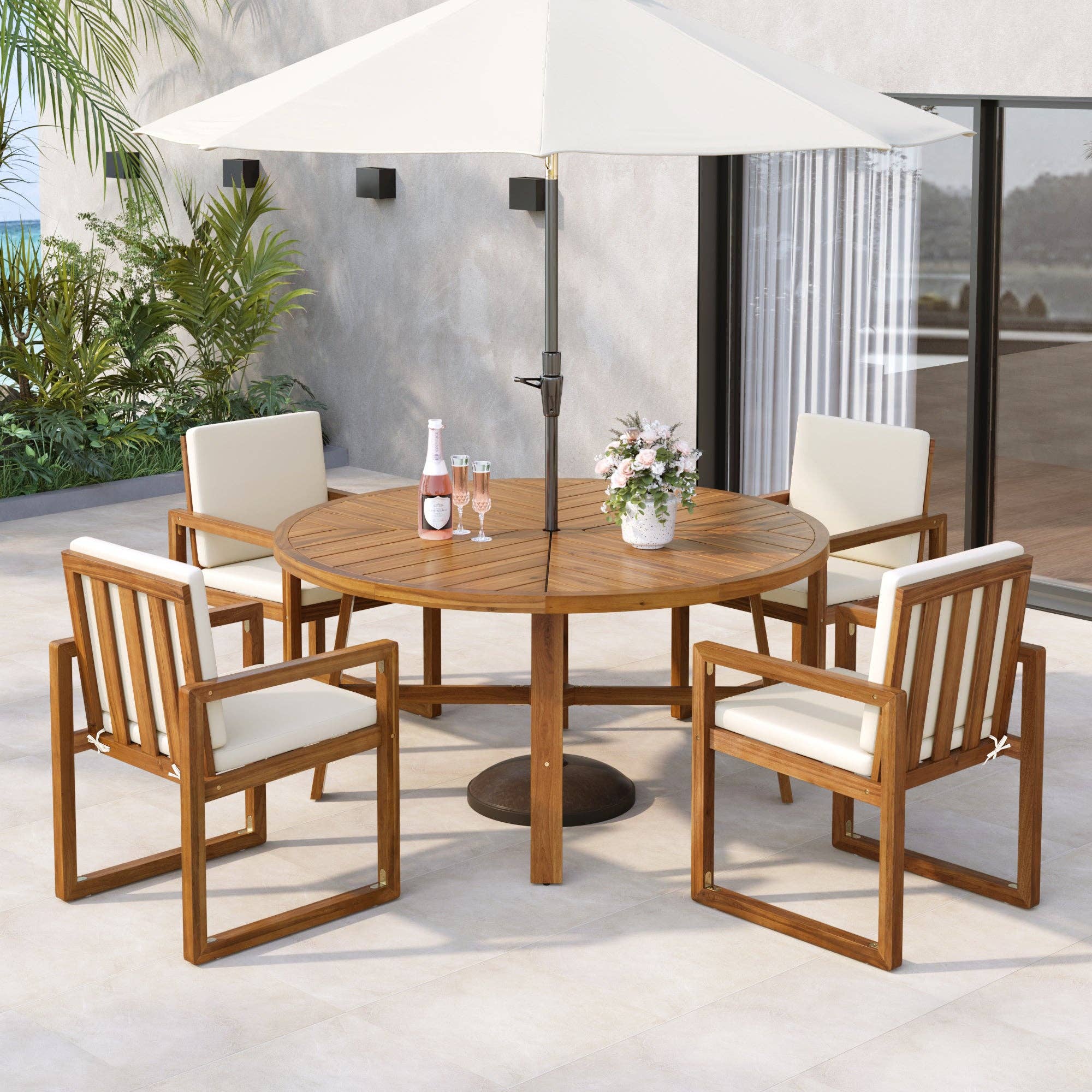 HOMYCASA DESIGN INC - Wholesale Patio Set - 5-Piece Outdoor Patio Dining Set Acacia Wood with Four Armchairs and Table, Beige1