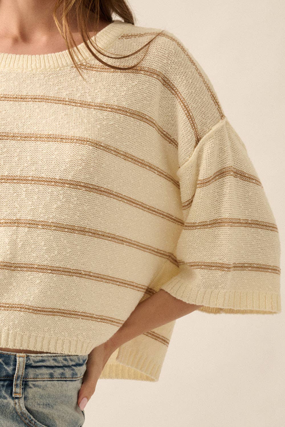 Promesa USA – Pulôver - Mulher por atacado – Suéter solto de malha listrada com decote em barco manga 3/41