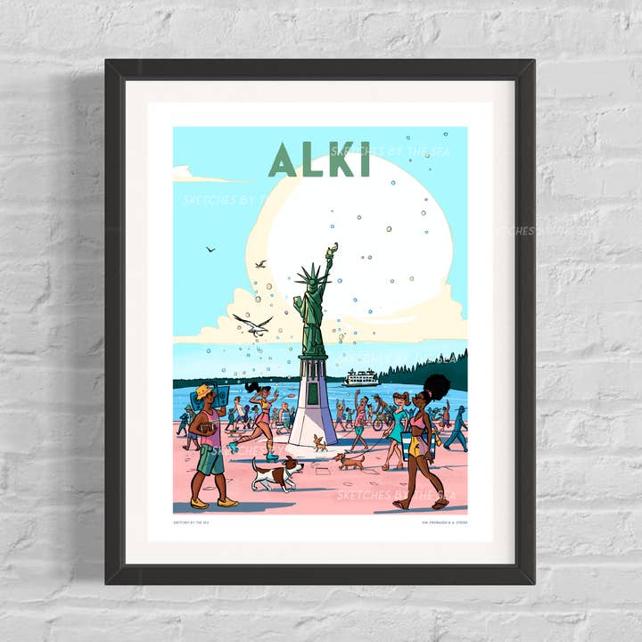 Alki, West Seattle Reiseplakat im Retro-Stil für den Großhandel von Sketches By The Sea