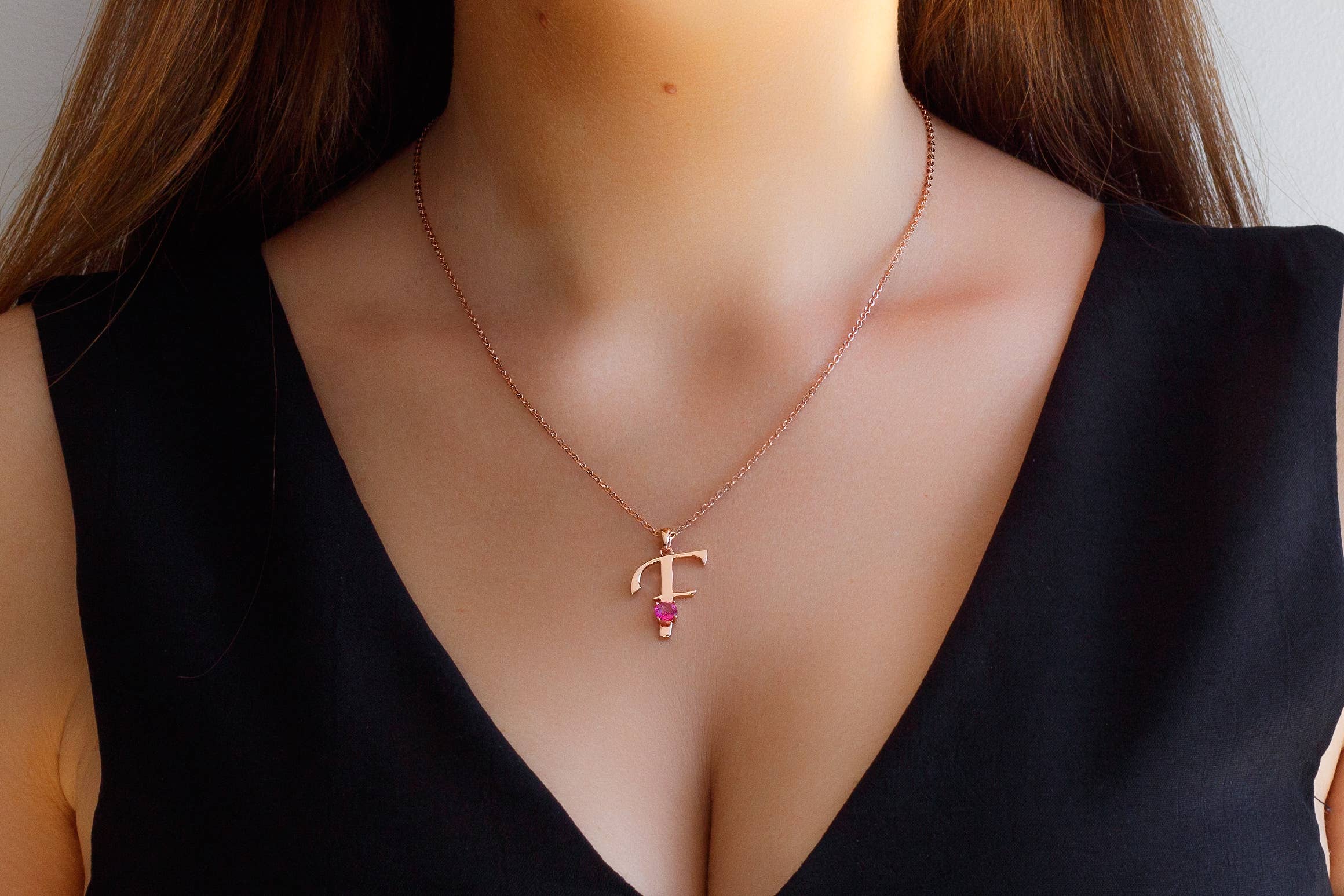 Thesoftcheek Jewelry - Wholesale Pendant/Charm Necklace - Initial Letter Necklace Silver Rose Gold Vermeil- Pink Topaz9
