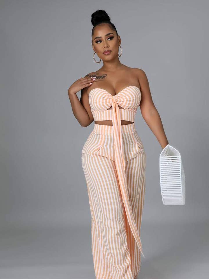 striped tube top wide leg pants set for wholesale by Queen Fashion