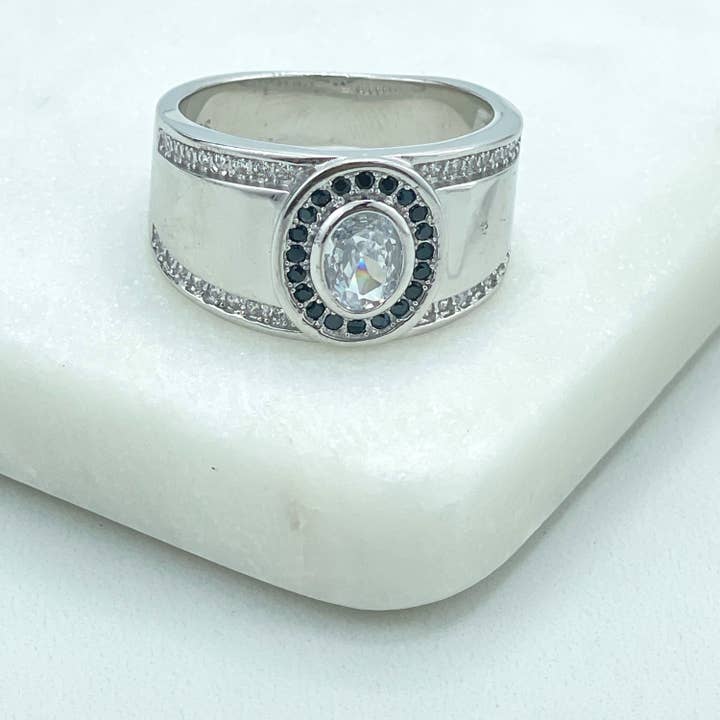 Argento sterling 925, cinturino da uomo con forma frontale rotonda in micro zirconia cubica nera e anello in zirconia cubica trasparente, timbrato 925, forniture di gioielli all'ingrosso per la vendita all'ingrosso da parte di DIJU Jewelry