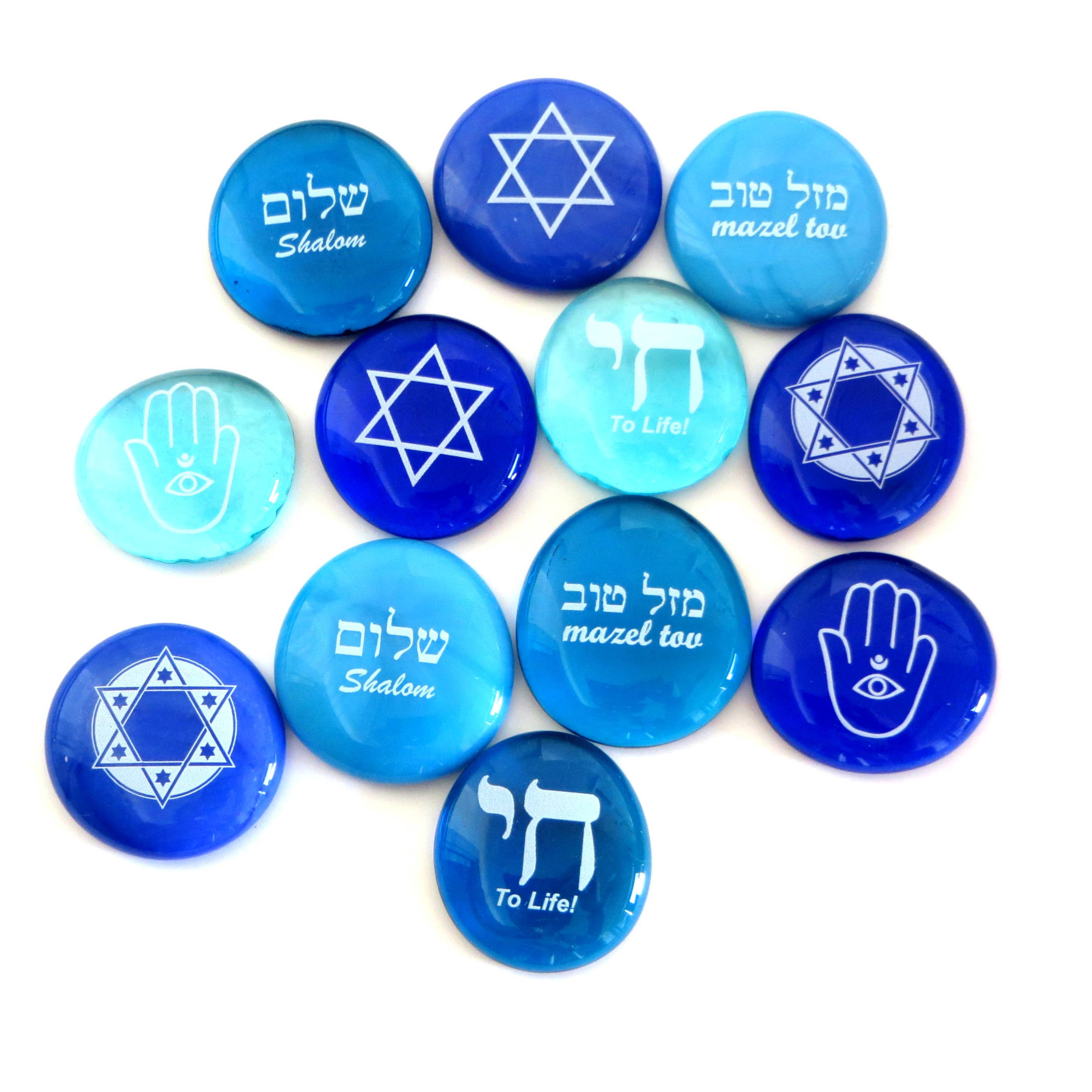 Lifeforce Glass, Inc. - Wholesale Keepsake Coin/Token - Judaica Assortment of Glass Stones with Display, 100 Pieces10