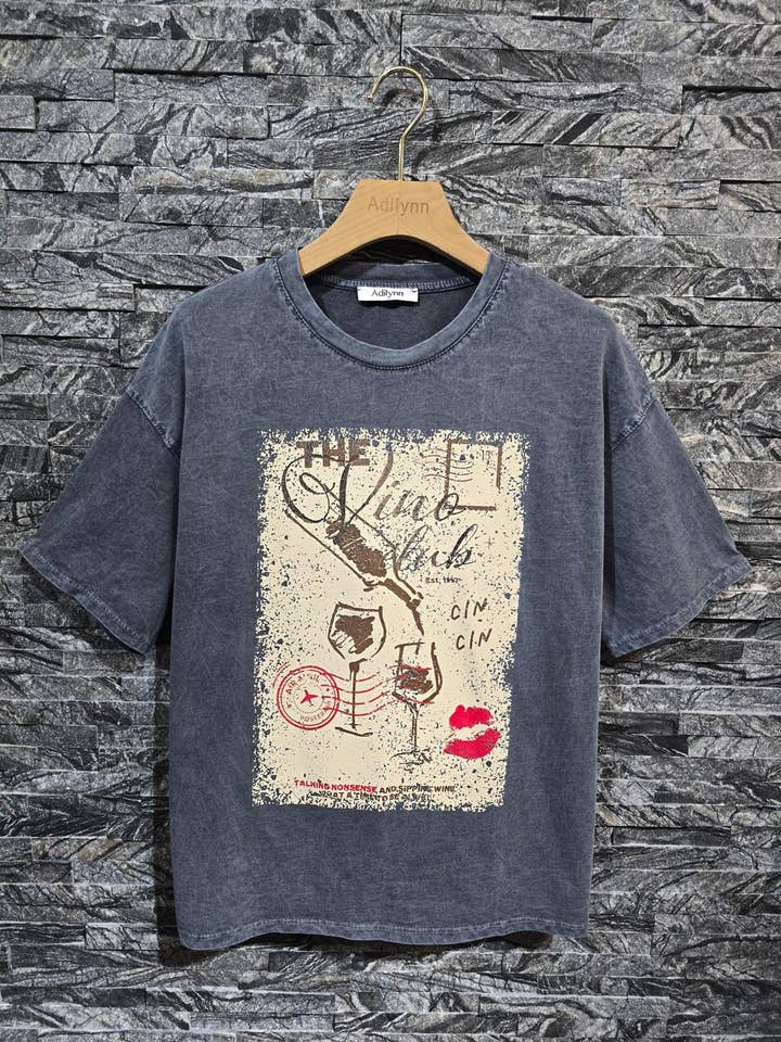 Cotton T-shirt with "The vino club" print, round neck 10008 for wholesale by Adilynn