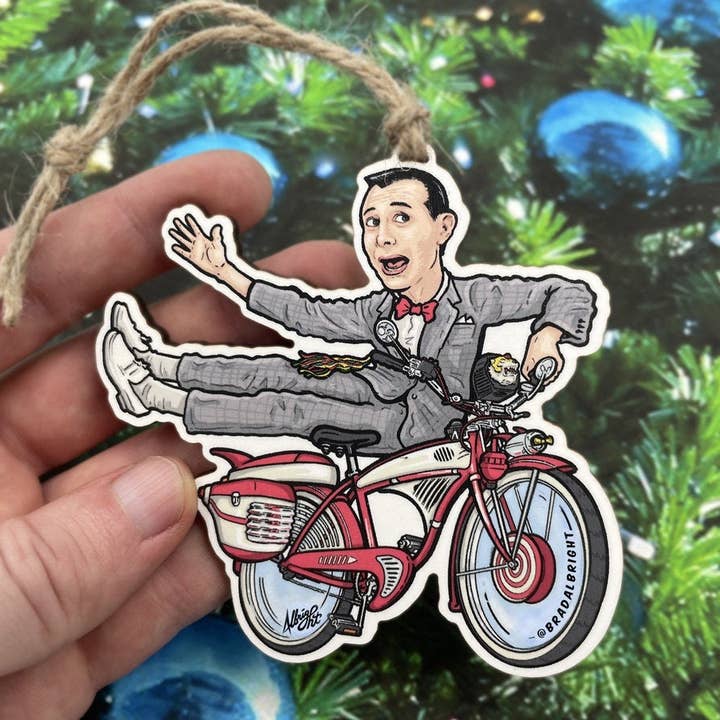 Pee Wee & His Bike - Ornament - Wood and Archival Giclee Print - Hand Drawn Wood Ornament for wholesale by Albright Illustration & Design
