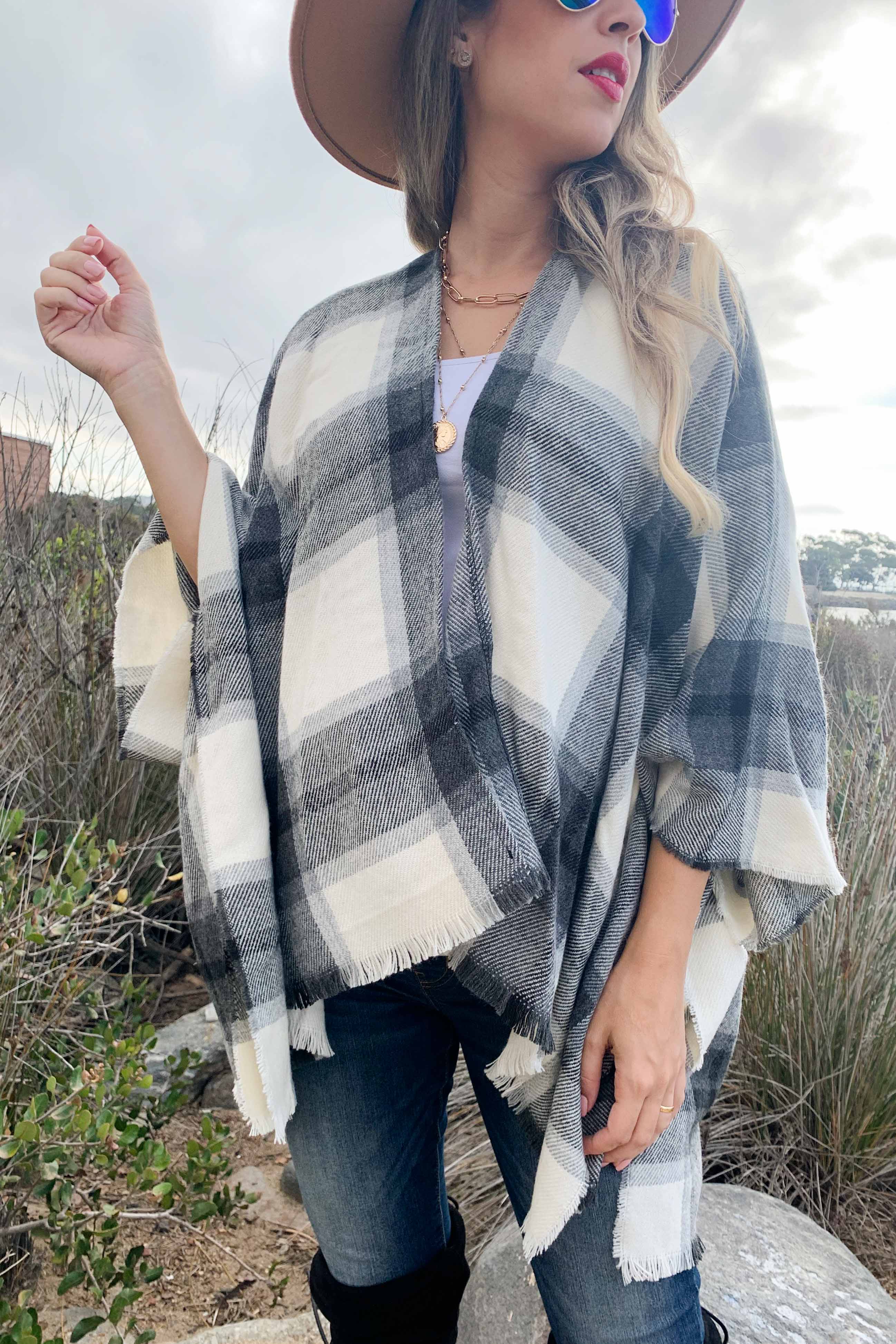 Grey Plaid Printed Cozy Knitted Kimono Cardigan With Fringe for wholesale on Faire3
