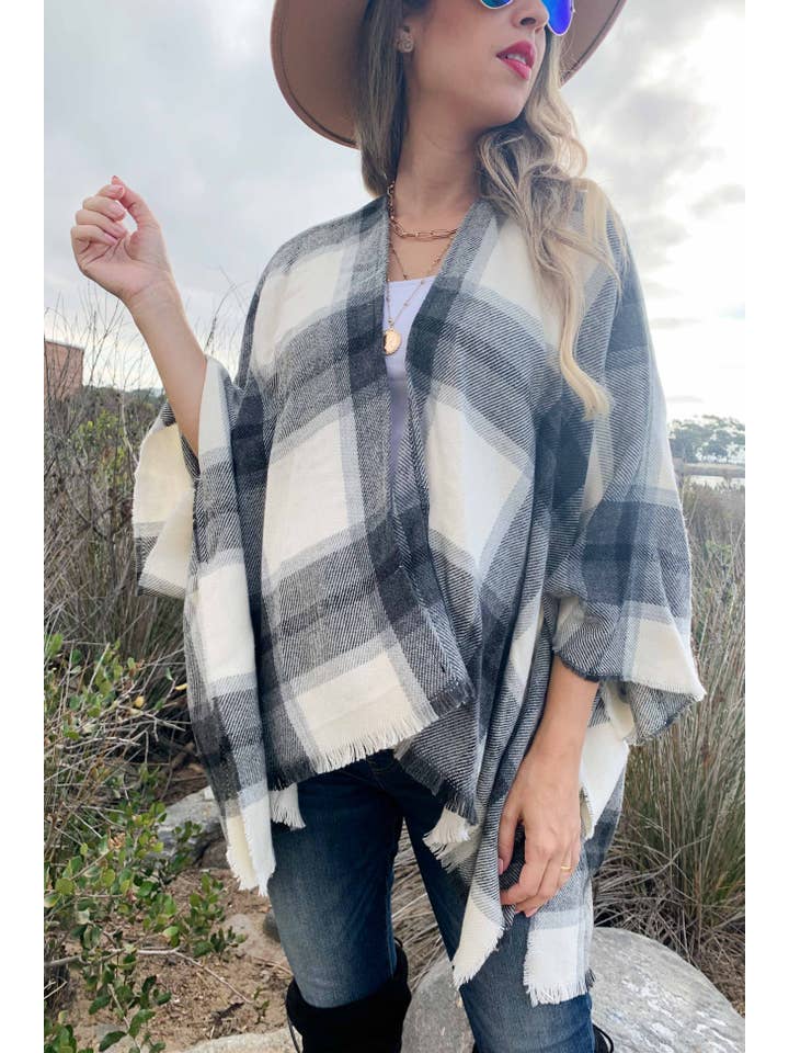 Grey Plaid Printed Cozy Knitted Kimono Cardigan With Fringe for wholesale on Faire3