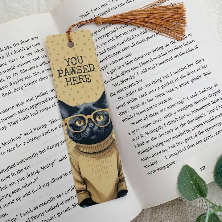Black cat bookmark with tassel - you pawsed here! for wholesale by Wild Bloom Press