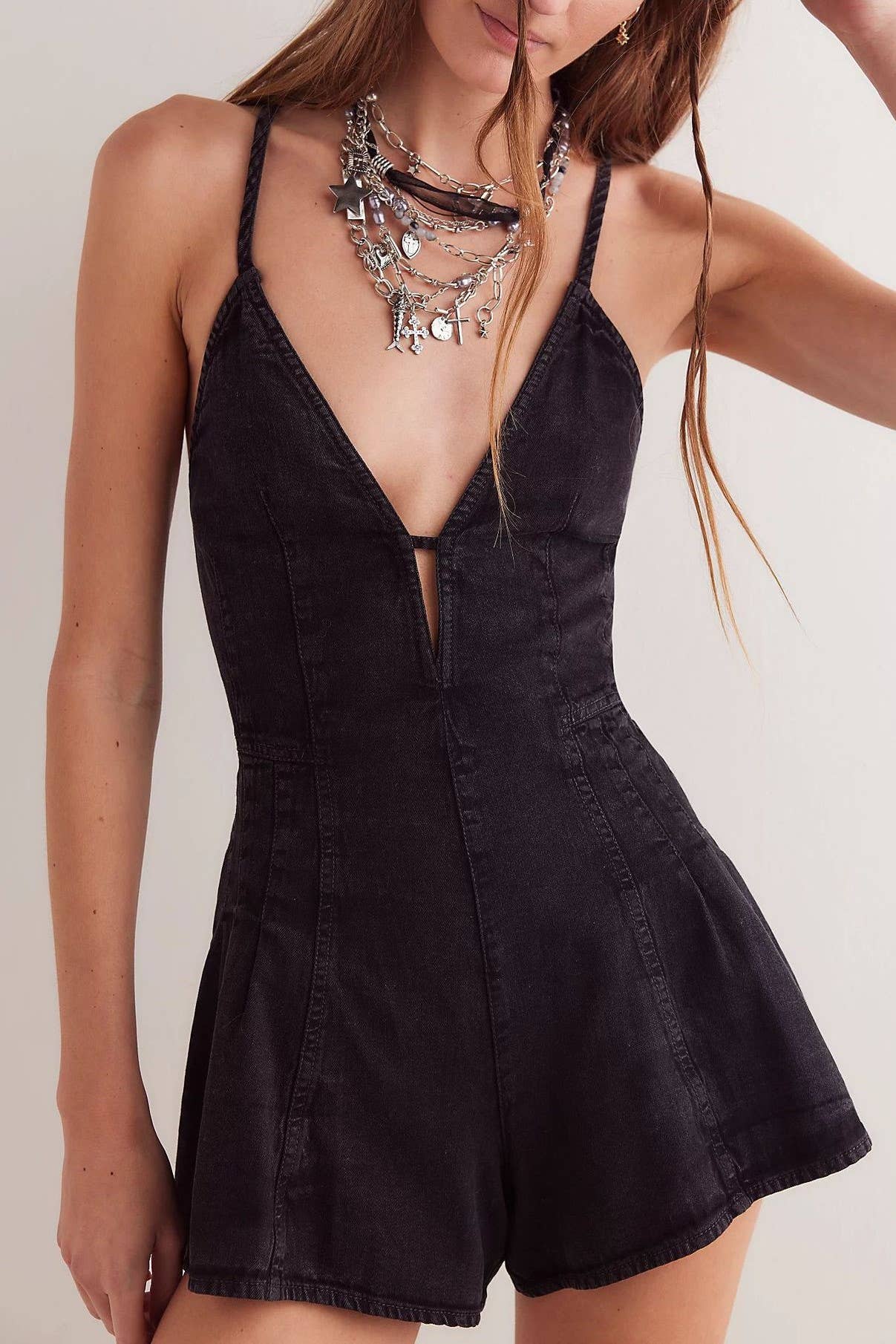 Rosa Clothing - Wholesale Romper - Women's - Western cowgirl Style chill Denim romper strappy shortall4