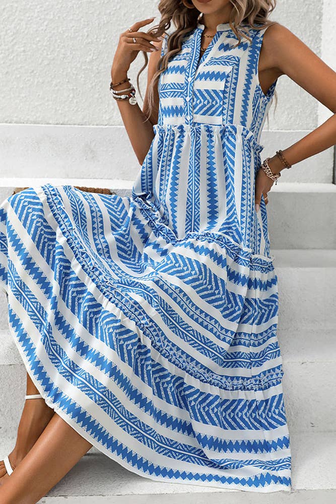 Blå Boho Blå Randig Knappad Ärmlös Maxiklänning BFZY994 för wholesale på Faire1