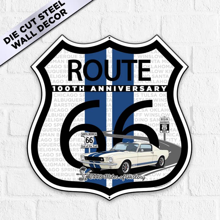 Route 66 100th Anniversary Die-Cut Shield Metal Sign, Blue Stripe – Shelby GT350 Edition-Available in 2 Sizes for wholesale by Sunbeltgifts | Licensed Home Wall Decor