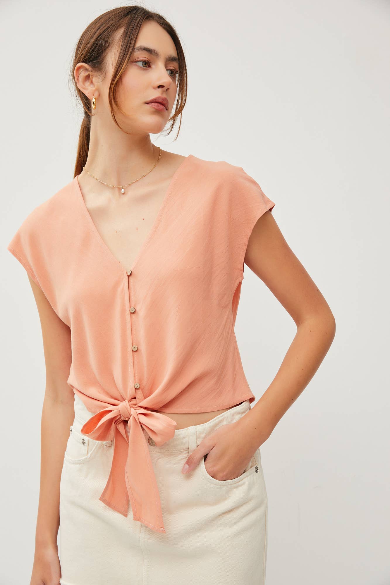 Be Cool - Wholesale Blouse - Women's - V-NECKLINE CAP SLEEVE TIE FRONT BLOUSE1