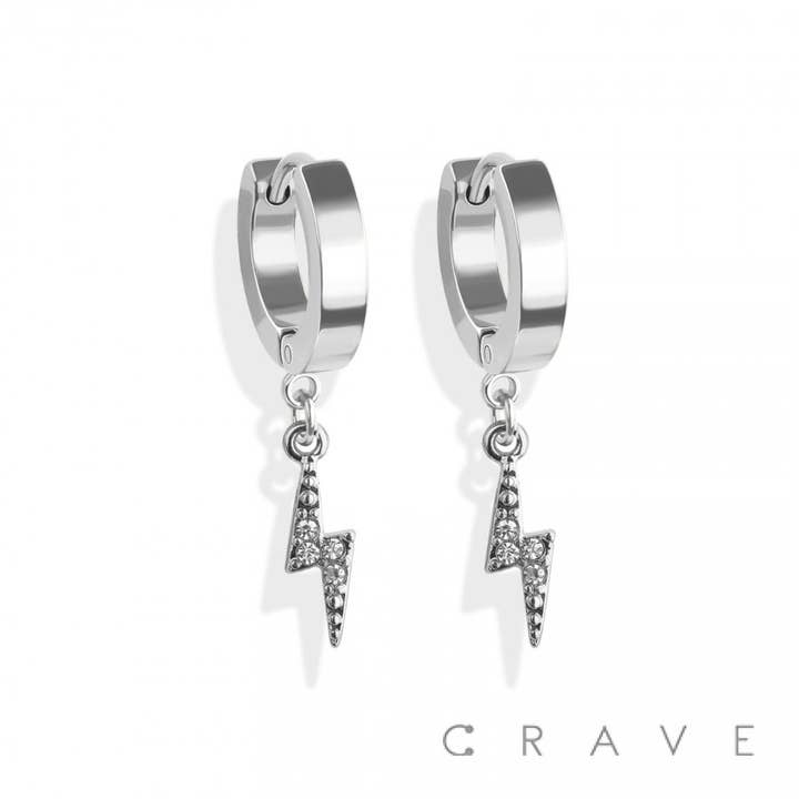 CRAVE BODY JEWELRY - Wholesale Huggie Earrings - PAIR OF SS EARRINGS WITH ALLOY CZ PAVED LIGHTING BOLT3