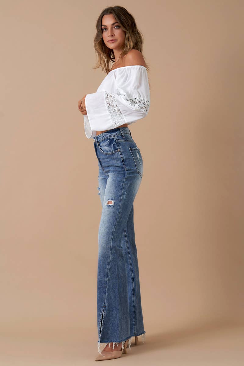 Insane Gene USA - Vendita all'ingrosso Jeans - Donna - Denim invecchiato svasato con spacco frontale a vita alta3