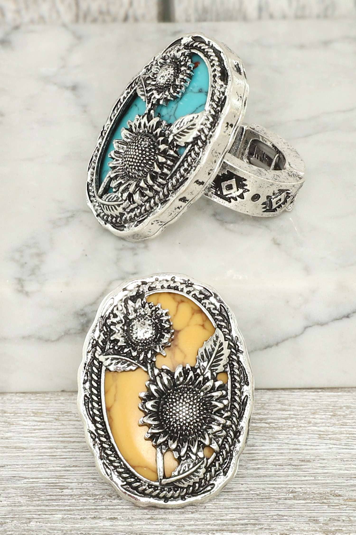 anbfashion – wholesale Band/stacked ring – WESTERN TURQUOISE SUNFLOWER OVAL STRETCH RING R170840