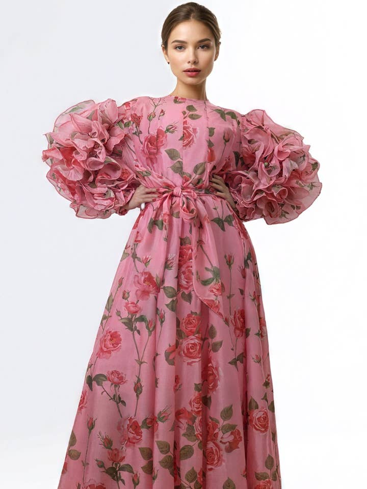 X7686 FLORAL RUFFLE SLEEVE DRESS (PINK, GRN) for wholesale by N by Nancy