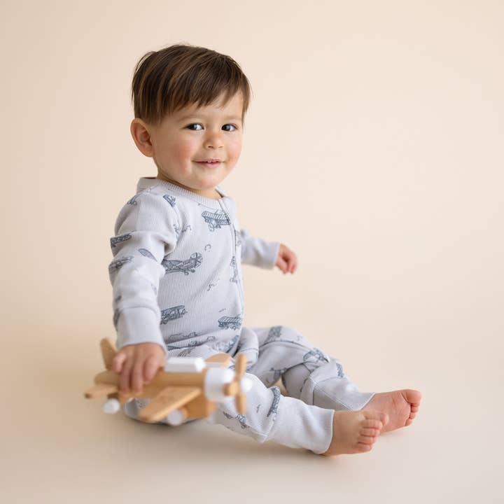 Organic 2-Way Zip Romper - Airplanes for wholesale by Makemake Organics
