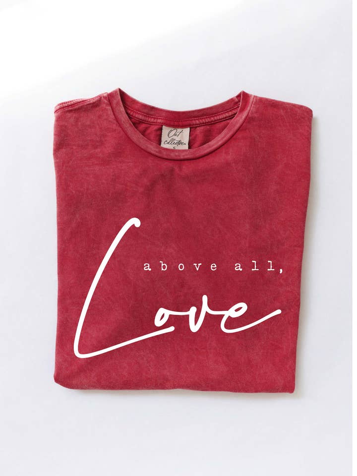ABOVE ALL, LOVE Mineral Washed Graphic Top for wholesale by OAT COLLECTIVE