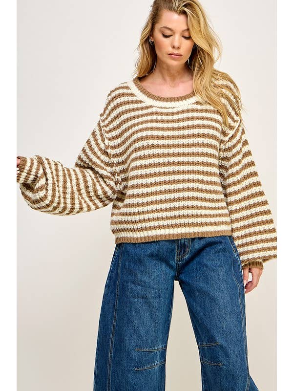 Miss Love - Wholesale Knit Sweater - Women's - STRIPED CROPPED KNIT SWEATER TOP