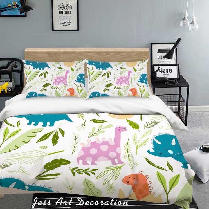Juego de funda de edredón de dinosaurio de hojas verdes 3D Juego de ropa de cama Fundas de almohada 39 para venta al por mayor de Jess Art Decoration