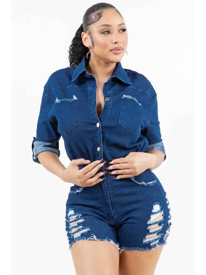 Uptown Apparel - Wholesale Romper - Women's - J7802 LONG SLEEVE WASHED AND DISTRESSED DENIM ROMPER