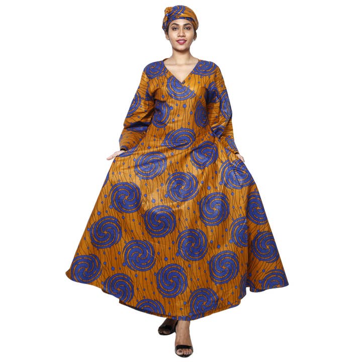 Women's African Printed Long Sleeve Wrap Maxi Dress -- FI-56 FS for wholesale by African Stars