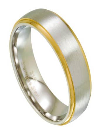 Men's Stainless Steel Wedding Band, Gold Step Down Edges|7mm for wholesale by Just Mens Rings