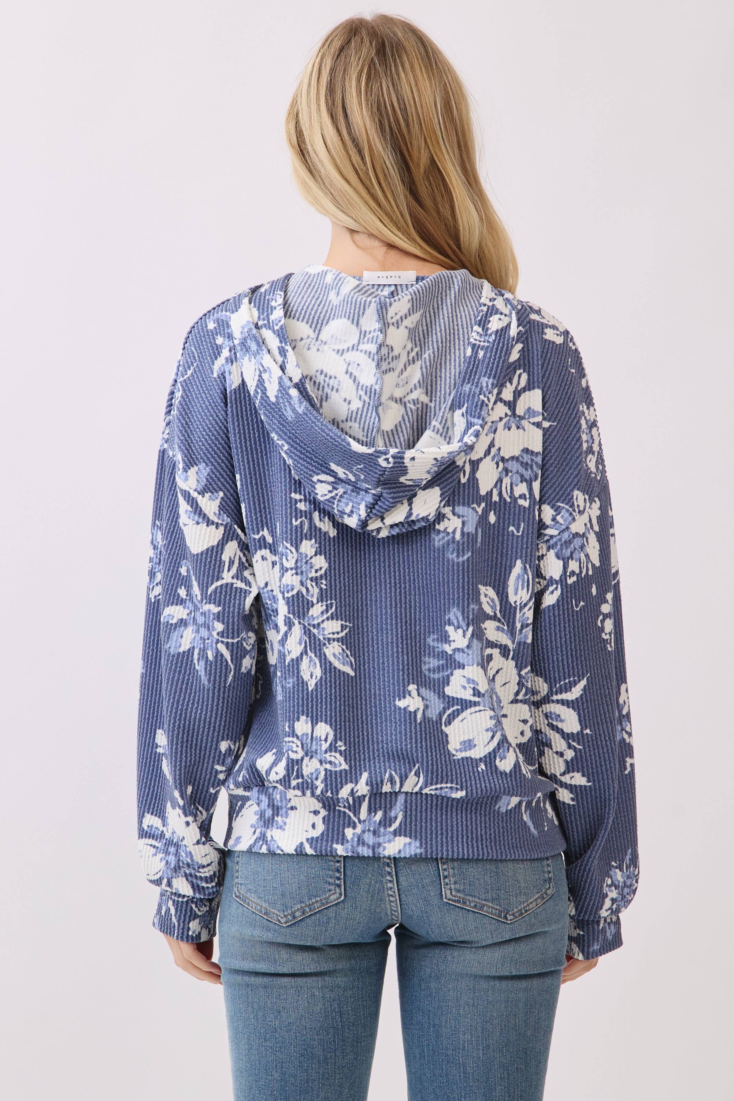 bleu TL2099 Sweat à Capuche en Maille Côtelée à Imprimé Floral en vente sur Faire4