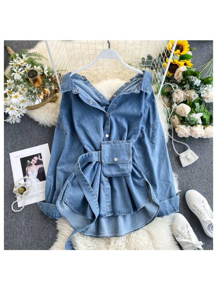 pinkblu02 - Vendita all'ingrosso Camicia button down - Donna - Camicia di Jeans a Maniche Lunghe con Schiena Aperta e Fiocco Multiuso