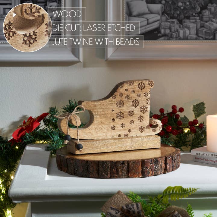 VHC Brands - Wholesale Decorative Tabletop Object - Natural Wooden Snowflake Sleigh 6x9.5x21