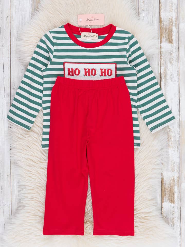 Marie Nicole Clothing - Wholesale Top & Pant Set - Kids - Red & Green Smocked "Ho Ho Ho" Outfit
