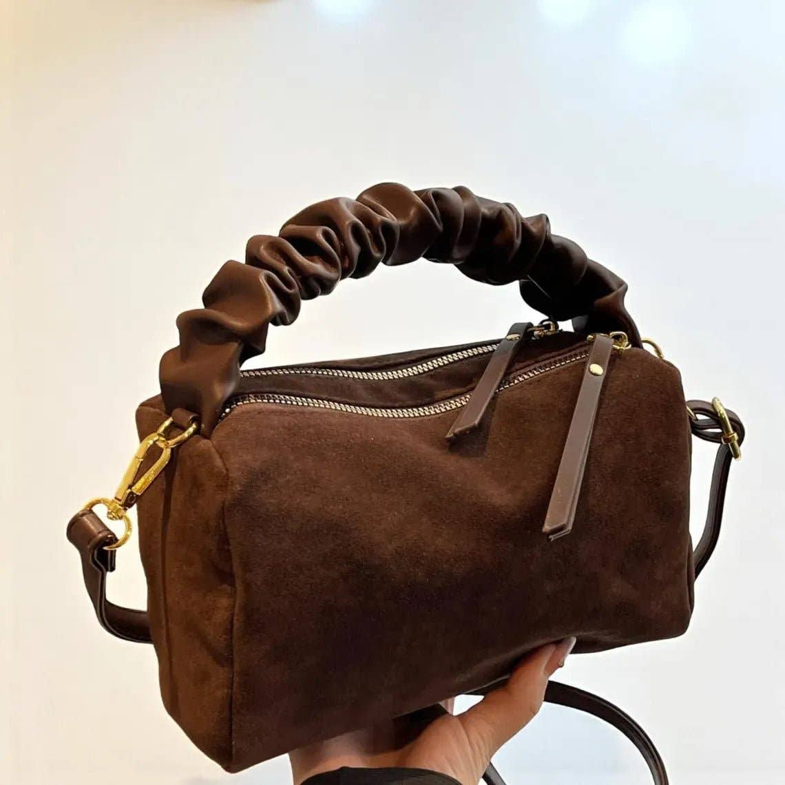 MiMi Wholesale - Wholesale Top Handle Bag - Women's - GMS0095 Faux Suede Ruched Handle Crossbody/Satchel Bag14