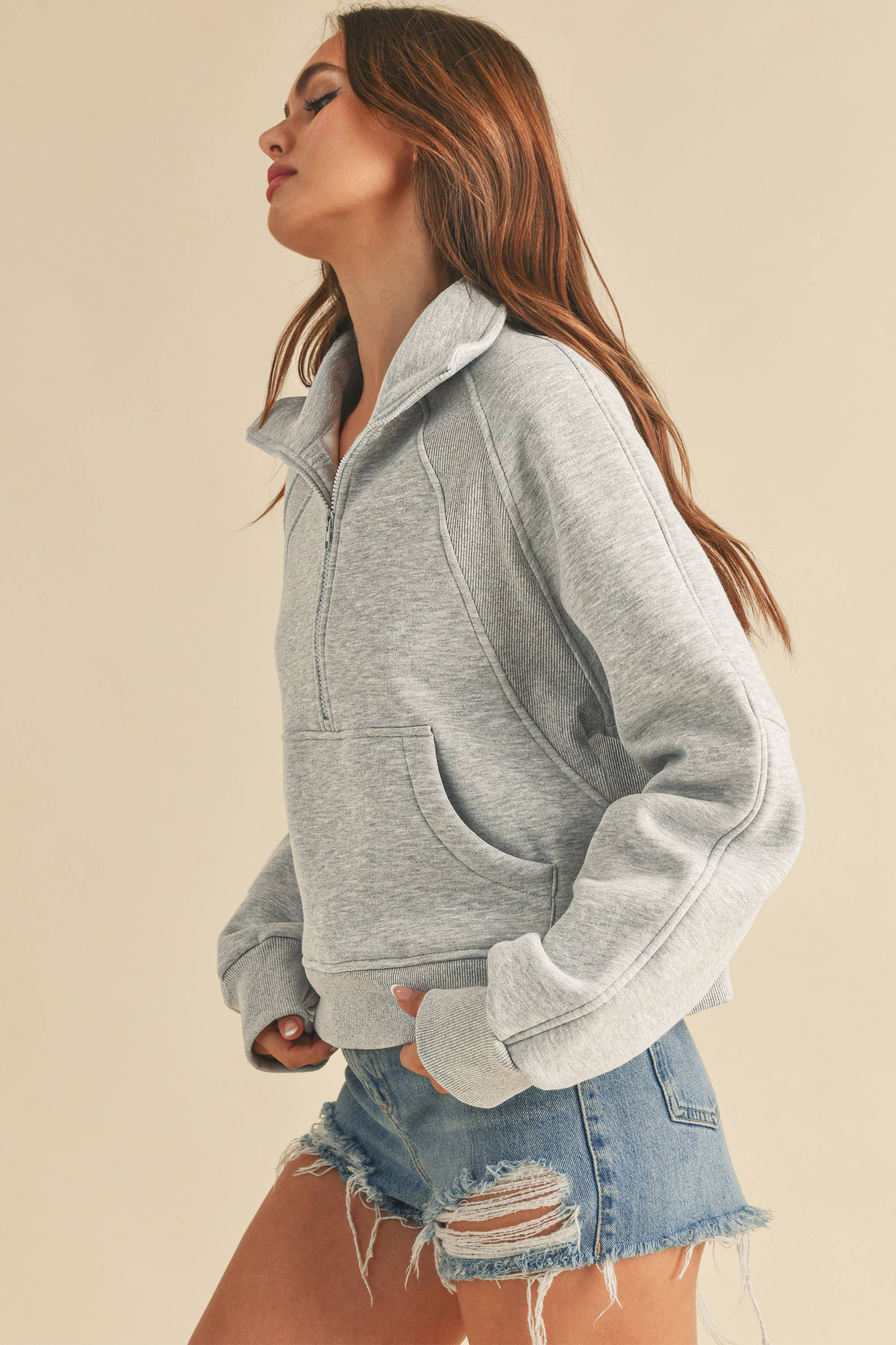 AEMI + CO - Wholesale Sweatshirt - Women's - 950CK Dove Funnel Neck Half Zip 597