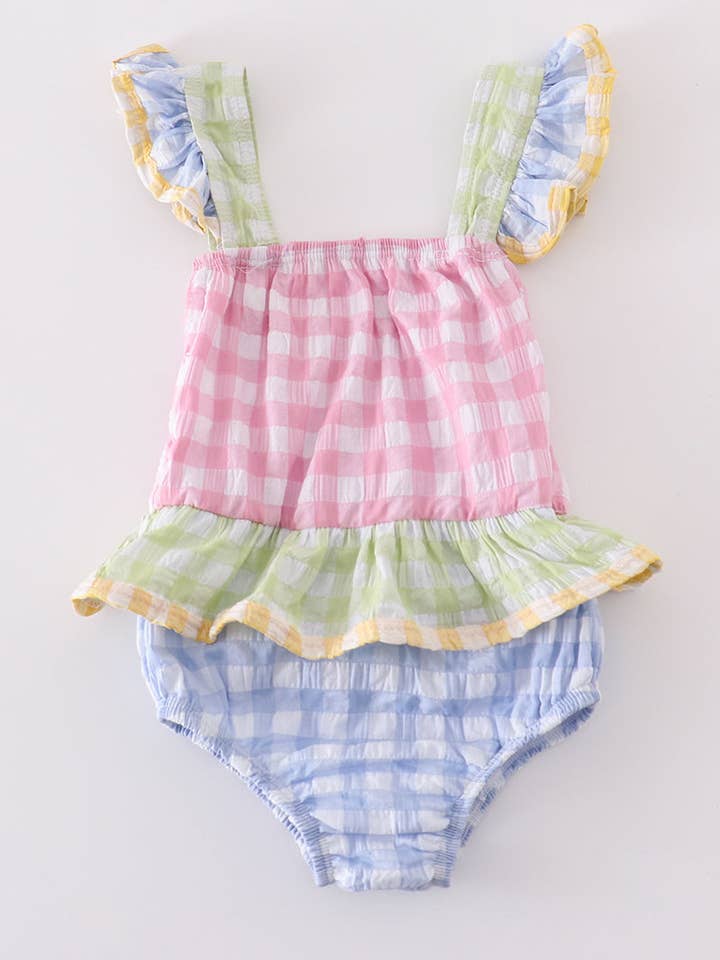 Multicolored gingham one-piece girl swimsuit for wholesale by Mom & Co.