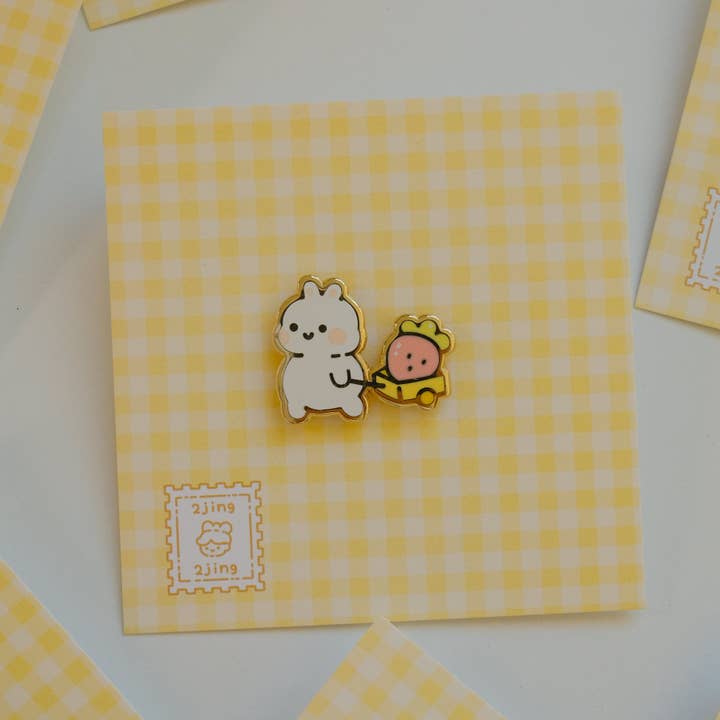 Bunny with Strawberry Wagon Enamel Pin for wholesale by 2jingis2jing