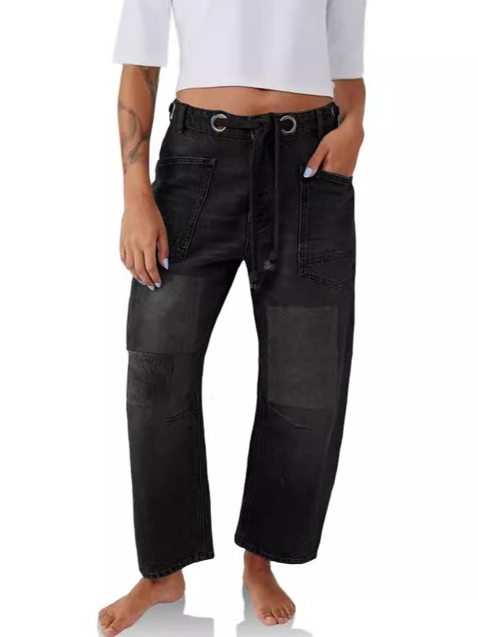 HIDDENBRAND - Wholesale Jeans - Women's - Patch Loose Straight-Leg Drawstring Casual Jeans
