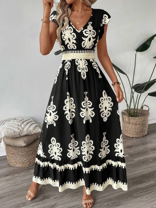 Rosa Clothing - Wholesale Dress - Women's - Boho Ethnic Print Ruffled Sleeve V-Neck Dress
