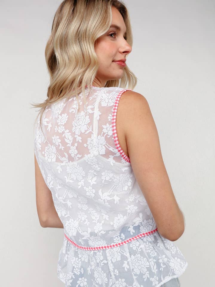 WHITE RED Gingham Check Ribbon Floral Burnout Vest for wholesale on Faire