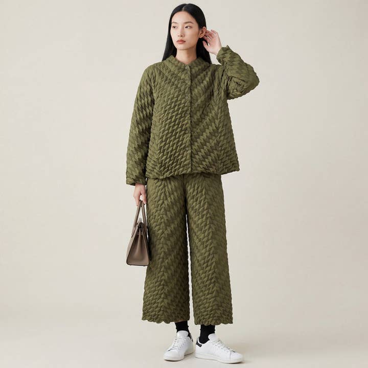 Pineapple Pleat Padded Jacket Wide Leg Pants Set for wholesale by kycozy