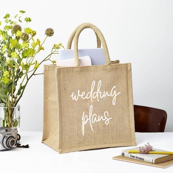 Wedding Plans Square Bag - Natural Jute for wholesale by Tillyanna